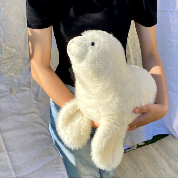 Retro White Baby Harp Seal Pup Stuffed Toy Plushie Large - Picture 1 of 10